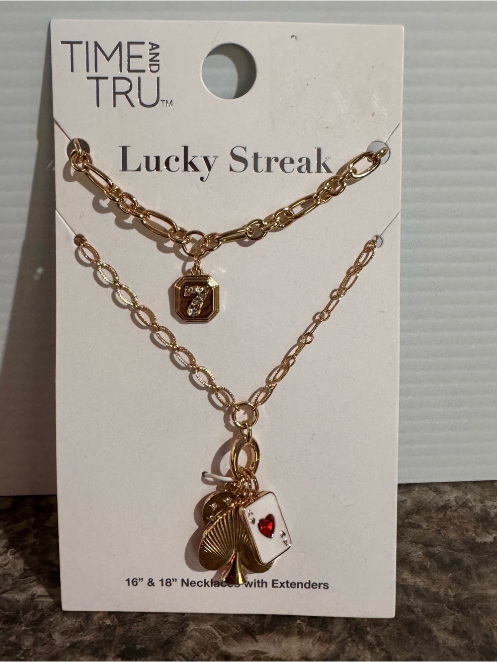 2 Time and Tru Gold Tone Necklaces featuring 7 Charm Ace Of Hearts Charm More